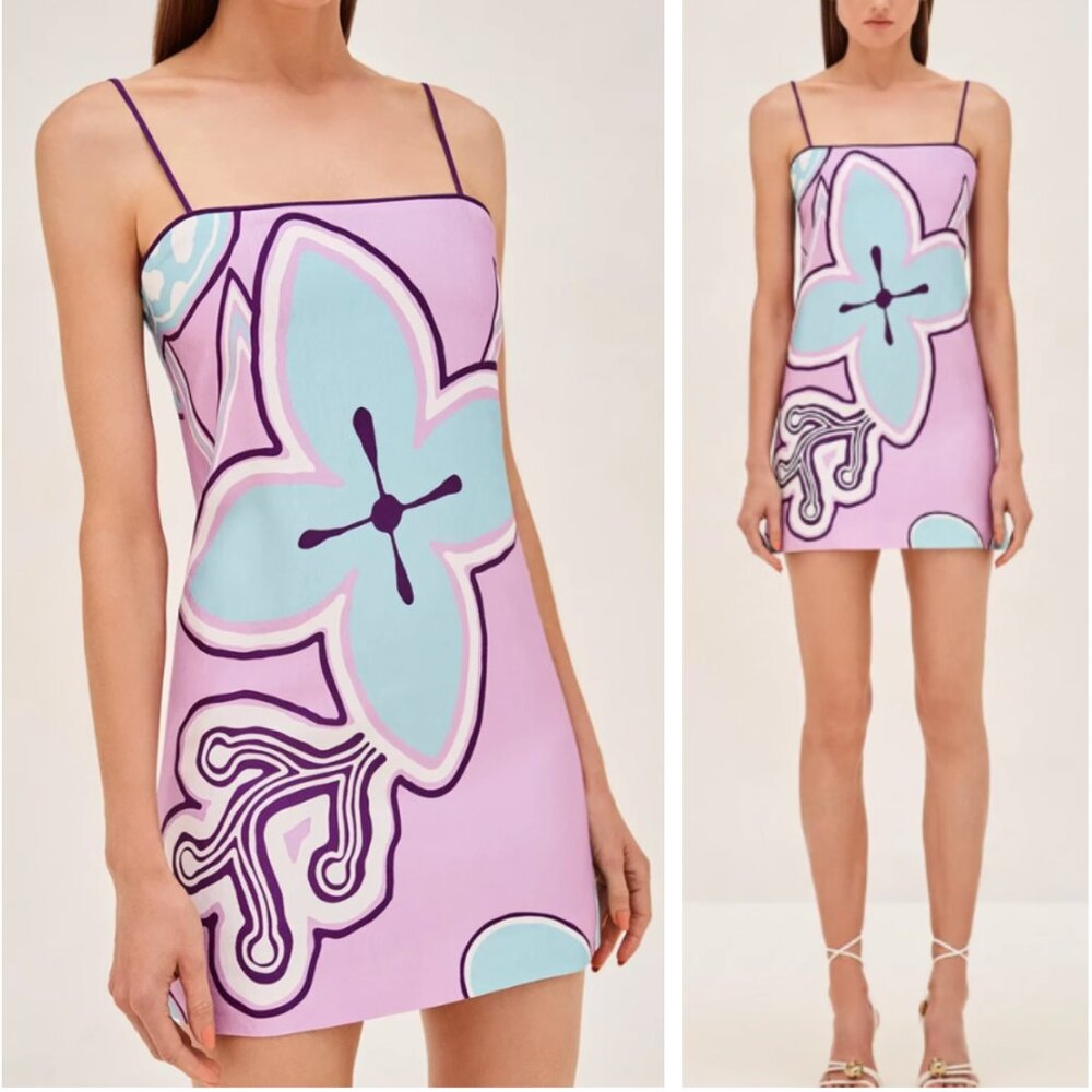 Alexis Lilac Mini Dress with Aqua Floral Print